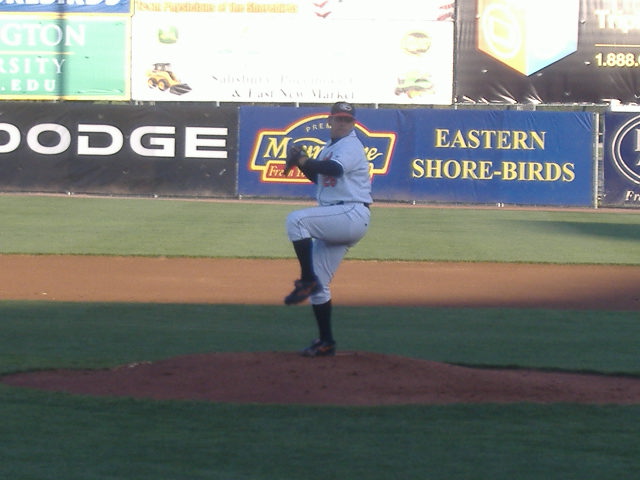 Shorebirds hurler John Mariotti pitches in an April contest against Hagerstown - the first of two successive contests where he gave up no earned runs.